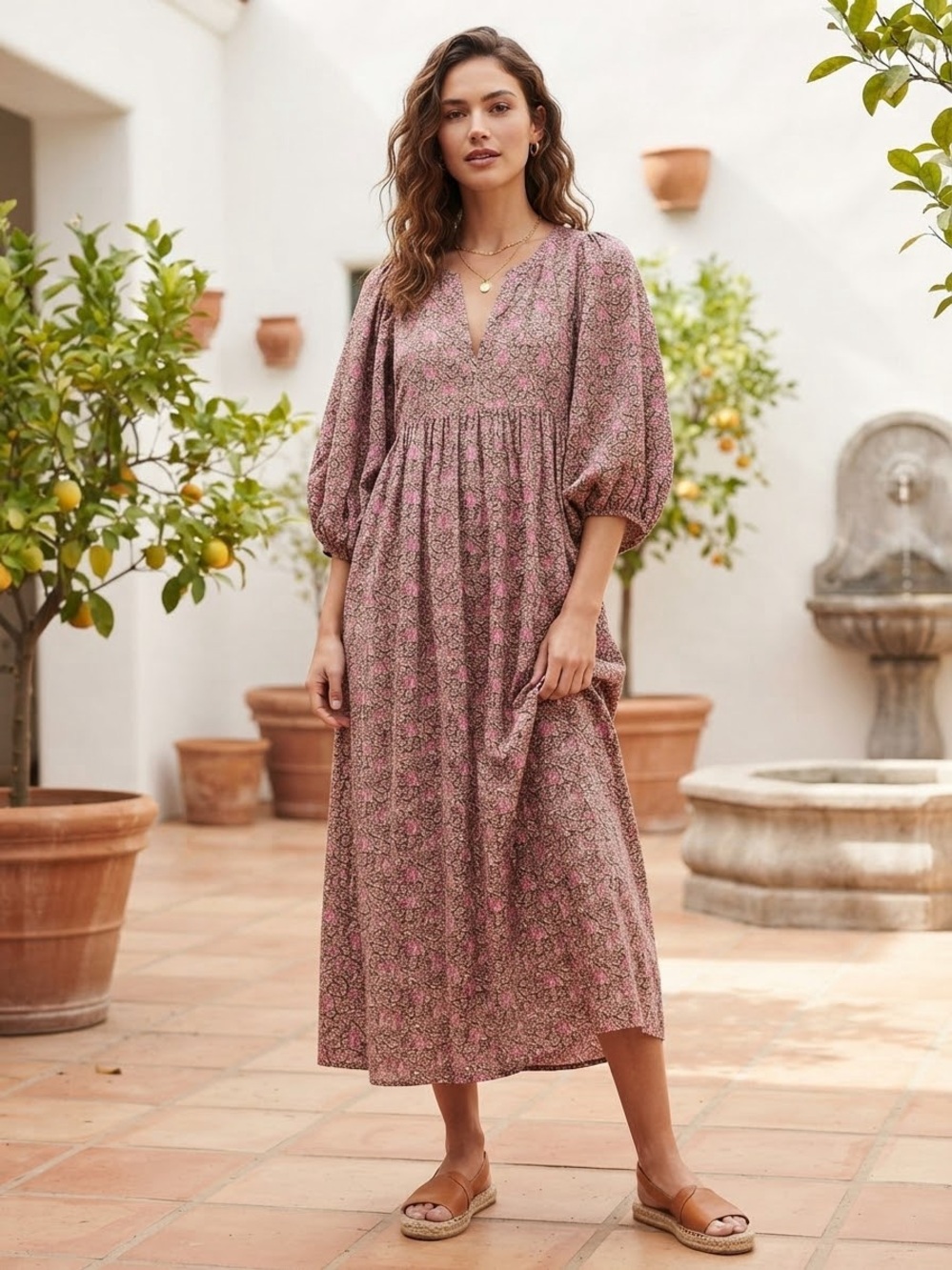 Universal Thread Pink Floral V-Neck Puff Sleeve Midi Dress